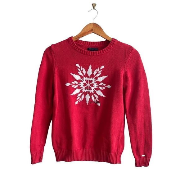 Tommy Hilfiger Sweater Red Crewneck Snowflake Cotton Women's S Long Sleeved - Picture 1 of 8